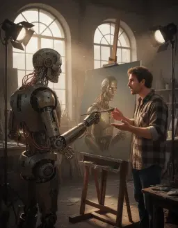 Cinematic concept art of a weathered humanoid robot with oxidized bronze plating and exposed copper wiring, standing at a wooden easel in a sunlit artist's studio, holding a paintbrush, while a human man in a rolled-up flannel shirt gestures toward the canvas with detailed instructions, the canvas depicts the robot's own reflection with striking accuracy, warm golden hour sunlight streaming through large arched windows illuminating dust motes in the air, dramatic rim lighting highlighting the metallic textures of the robot's shoulder and arm, shallow depth of field focusing on the interaction between man and machine, professional studio lighting setup.