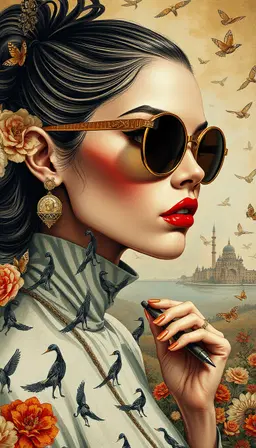 chic and edgy fashion portrait in the astrid vos style, featuring a strong, dynamic character with high‑fashion elegance, stylised close‑up face, dramatic eye details, vibrant artistic fashion sketches and bold, expressive pose. the backdrop is a surreal, ethereal, nostalgic landscape in the catrin welz stein art style, with vintage imagery, folklore motifs, classic children’s literature references, acrylic‑like textures and mixed media textures on canvas, blending dreamlike surrealism with intricate, colorful details that evoke an otherworldly, artistic mood. the composition fuses the fashion intensity of astrid vos with the dreamy, complex surrealism of catrin welz stein, creating a striking, visually rich portrait.