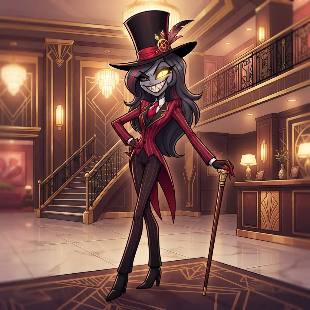 stylish cartoon demon woman with long thin limbs, grey skin, wide grin of sharp white teeth, red and black striped suit, tall top hat, one glowing eye, bold red black and white palette, art-deco hotel lobby with gold trim behind her