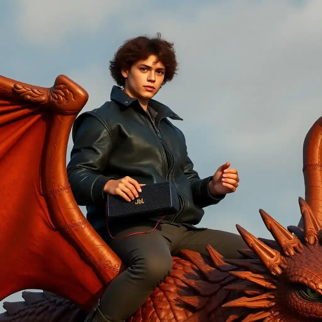 young ridoc, a tan man with curly hair in a black leather flight jacket from onyx storm riding on the back of a brown dragon with a jbl flip speaker in his hand.