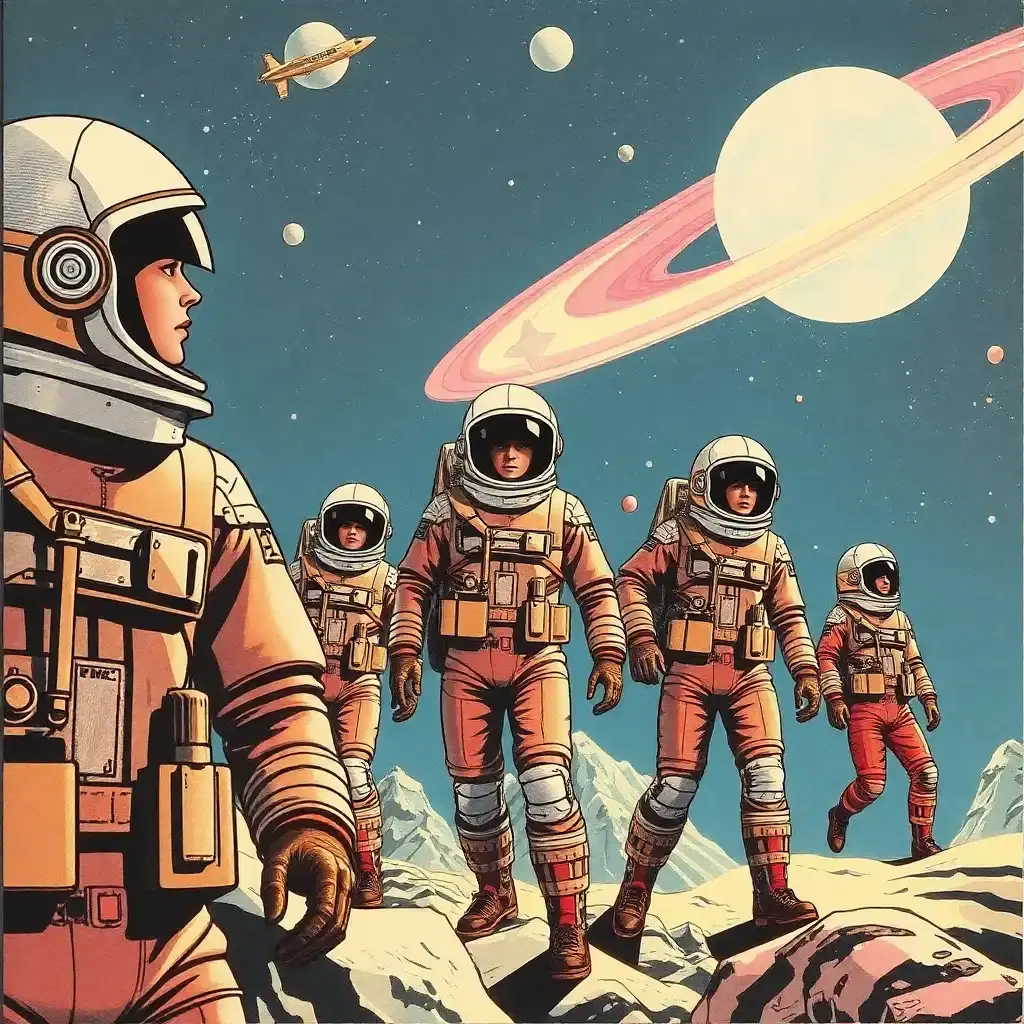 Craft a retro-futuristic collage where the vintage aesthetic meets the limitless cosmos. Picture human figures drawn in pop art style, clad in retro space suits, their actions frozen like pages in a comic book coming to life, evoking a sense of nostalgia for a future that might have been.