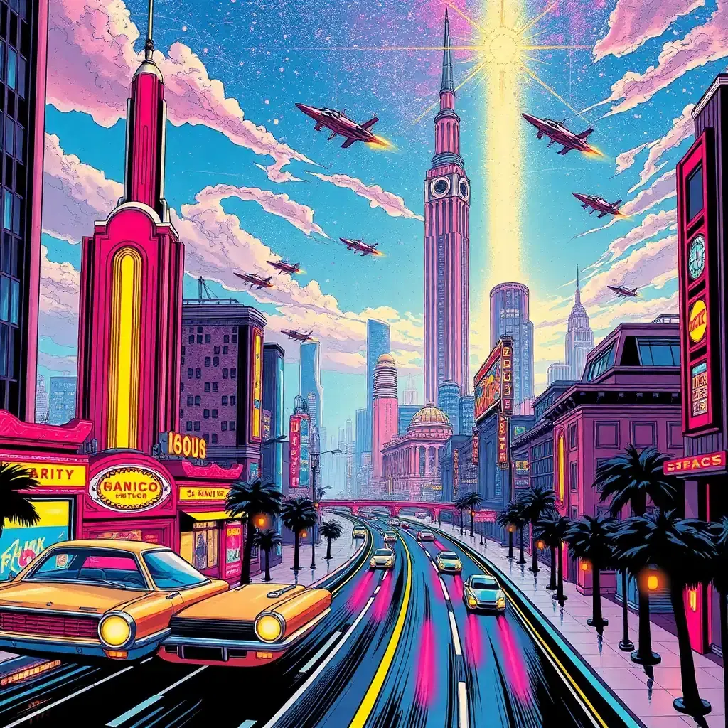 Create a dazzling retro-futurism landscape with a city of ethereal allure. Here, art deco towers and flying cars coexist with a vibrant pop art aesthetic, creating an electric atmosphere. Narratives flash by in comic book storyboards, in colors so vivid they transport viewers into a saga of dreamlike exploration.