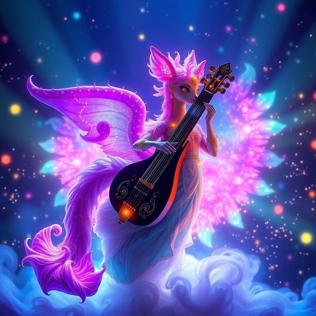 Behold a dazzling orchestral spectacle as the whimsical 'Melodia' graces the stage with her majestic presence. Every flick of her velvety tail releases waves of sparkling sound, touching the strings of her polished lyre. Experience a symphony that blossoms into flowing tapestries of light and sound, immersing you into a surreal, vibrant festival.