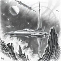 stellar colony floating among distant nebulae rendered in charcoal‑gray pencil sketch style with expressive strokes and scratches, towering habitats and sleek spires outlined in delicate cross‑hatching, luminous starfields suggested by soft shading, atmospheric dust swirling in muted tones, all depicted as a hand‑drawn sci‑fi tableau.