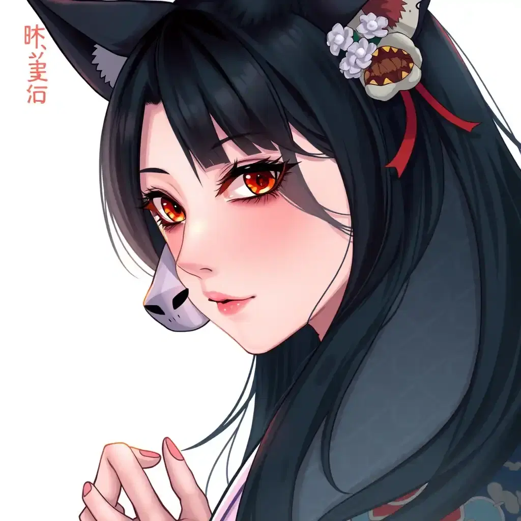 Female, realistic art, Japanese yokai, long black hair, kitsune mask