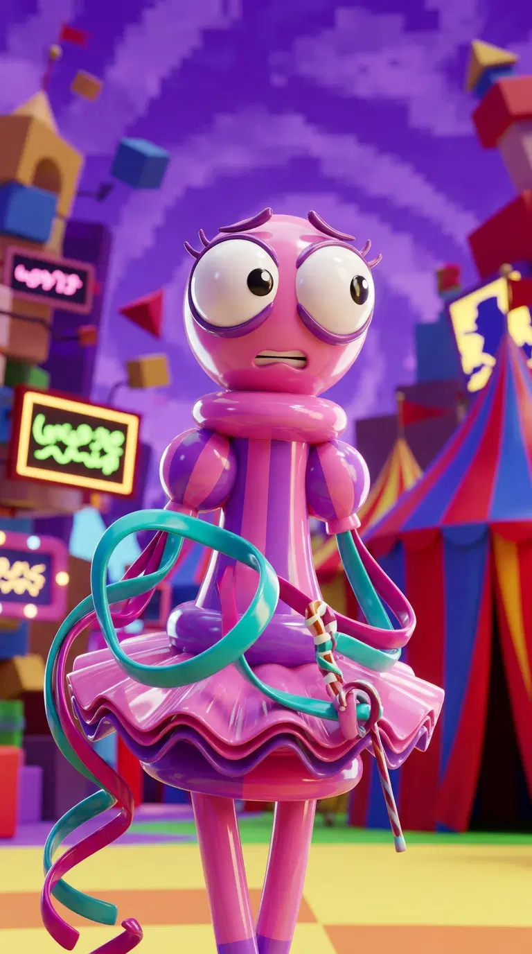 Original character in the art style of The Amazing Digital Circus: a glossy 3D toy-like character, a nervous chess-piece ballerina with big cartoon eyes and ribbon arms, saturated candy colours, plastic CGI look, surreal digital carnival grounds behind. Portrait framing from the waist up, face in the upper third of the frame, one character only. No text, no logo, no watermark.