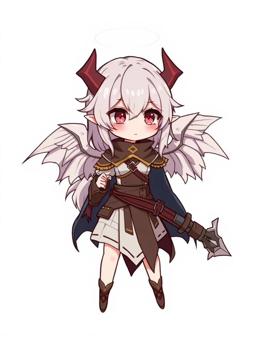 Simple female chibi warrior with both angel wings and demon horns
