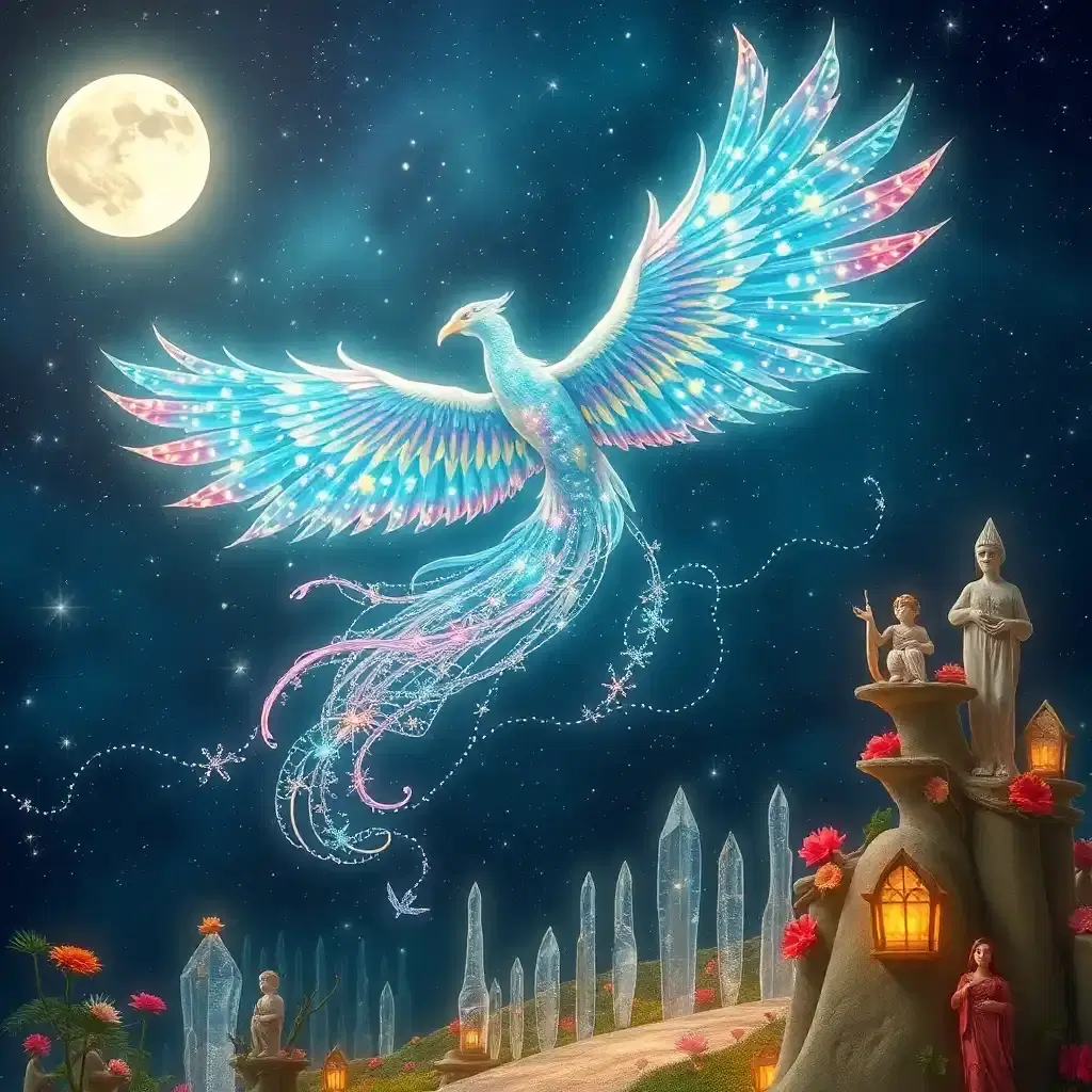In a universe of infinite possibilities, behold a majestic lunar phoenix soaring through the star-strewn sky. Its iridescent feathers glitter like moonlit rainbows, each plume a tapestry of constellations. As it flies, the celestial creature leaves trails of ethereal stardust in its wake, painting the heavens with luminescent artistry. Beneath its flight path, a whimsical land of fantastical flora and towering crystalline sculptures catches the light, shimmering in the nocturnal glow.