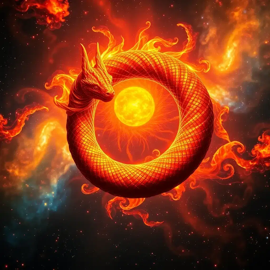 Amidst the kaleidoscopic expanse of a forgotten nebula, a mythical solar serpent coils in on itself in an elaborate dance of fire and elegance. Its scales glimmer with cosmic iridescence, casting kaleidoscope reflections that ripple across the vastness of space. As it spirals through the heavens, it weaves a rich tapestry of conflagrant hues, uniting the sacred warmth of the sun with the ancient mystery of the stars.