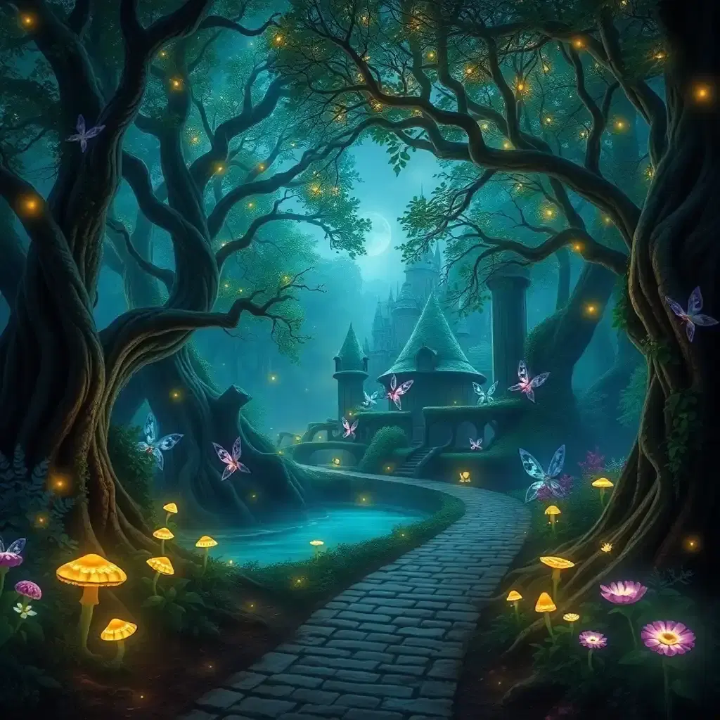 A breathtaking enchanted forest bathed in the soft glow of bioluminescent plants and floating will-o'-the-wisps. Towering ancient trees with twisted, gnarled roots reach toward the sky, their leaves shimmering in shades of blue, purple, and emerald green. A winding cobblestone path leads deeper into the forest, where hidden among the thick foliage lies a crystal-clear pond that reflects the ethereal light. Glowing mushrooms sprout from tree trunks, and delicate fairies with iridescent wings dart between the flowers. The air is thick with golden dust motes that swirl like magic, and in the distance, the outline of a grand, vine-covered castle looms, half-forgotten by time.