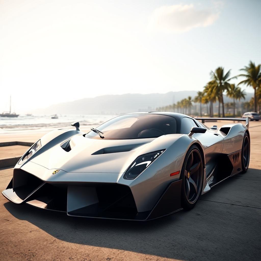 new modified prompt: futuristic **intimidating** supercar for 2035, inspired by **the iconic** ferrari f40 and **the sleek** ferrari f8, with an imposing front bumper, a smooth custom racing widebody kit, **aggressively styled** headlight, **present the** entire car in a beach **setting within the** gta 5 city, hd