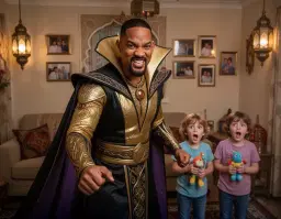 will smith as a father in a cozy small house in warrington, captured in a close‑up dramatic action scene, wearing an elaborate golden jafar costume with richly embroidered sleeves, a high collar, and a flowing dark cape glittering with subtle metallic accents; his face shows a menacing, theatrical jafar smile, eyes narrowed in mischievous villainy, while his two young children stand nearby, eyes wide with playful fear, clutching toys. the living‑room setting includes warm ambient lighting, a modest sofa, framed family photos on the wall, and subtle arabian‑themed decor hints such as ornate lanterns and patterned cushions, all rendered in vivid, cinematic detail to emphasize the contrast between the cheerful home environment and the striking, golden villain attire.