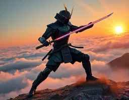 hyper-fidelity 1for1: a high-tech futuristic robotic samurai standing mid‑strike in a dynamic low‑stance combat kata atop a mist‑veiled mountain ridge, exact composition and subject placement, golden‑hour sunrise lighting with warm sunbeams piercing rolling fog, dramatic crepuscular rays glinting off matte‑black carbon fiber plates, brushed gunmetal plating, segmented kabuto helmet and articulated sode shoulder armor, exposed hydraulic pistons, braided gold wiring, glowing neon coolant lines pulsing beneath seams, faceless obsidian visor reflecting horizon with single horizontal crimson optical sensor, one hand gripping a glowing plasma‑edged high‑frequency katana leaving a faint vibrant ionized light trail, other hand extended in precise martial balance, micro‑thrusters on back and calves emitting subtle blue exhaust, dust and cherry blossom petals swirling around feet, ultra‑sharp 32k textures, pbr materials, ray‑traced global illumination, intense rim lighting, specular micro‑highlights, ambient occlusion shadows, deep cool shadows contrasting warm highlights, hyper‑realistic volumetric lighting, crystal‑clear micro‑details, ultra‑high‑definition resolution, octane render style, unreal engine 5 aesthetic, 8k cinematic wide‑angle low‑angle perspective, photorealistic texture detail, master‑piece quality.