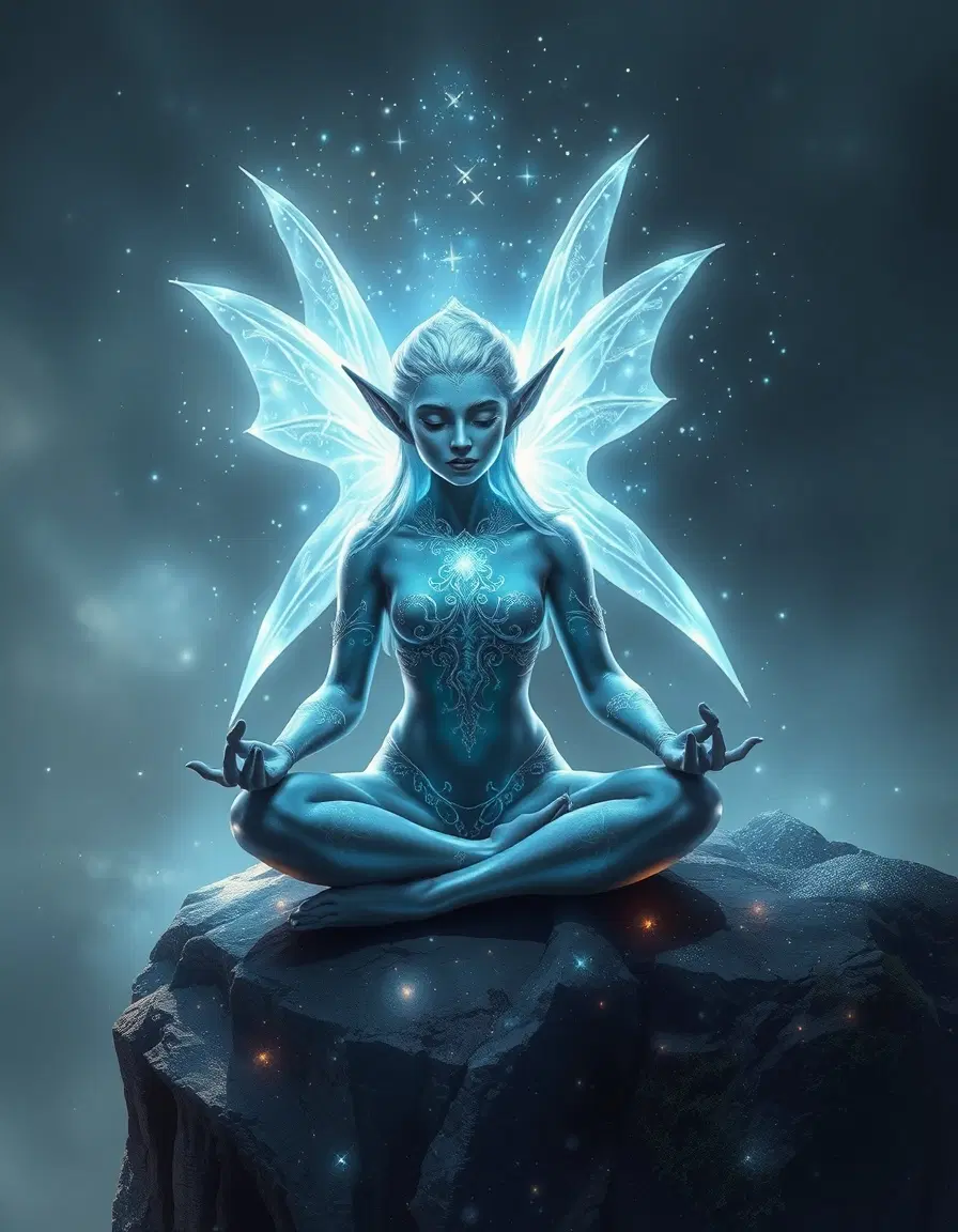beautiful elf glowing iridescent meditating on a misty cliffside, surrounded by shimmering silver magic aura, enhanced fantasy glittering effects.