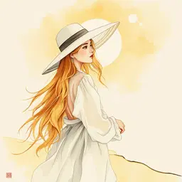 japanese sumi‑e ink wash painting with subtle watercolor accents, emphasizing negative space and minimalist composition, renders an ultra‑luminous sunny girl in a renaissance‑style fantasy pose on a sun‑kissed shoreline; she wears a large white sun‑hat, her very long flowing blonde hair cascades over airy chiffon layers and translucent fabrics, surrounded by a radiant floral atmosphere in pastel tones. the scene features bold crisp lines and geometric shapes softened by ink brushstrokes, gentle waves lapping the warm sand, and a serene, happy summer moment bathed in golden light, conveying delicate feminine elegance and ethereal happiness.