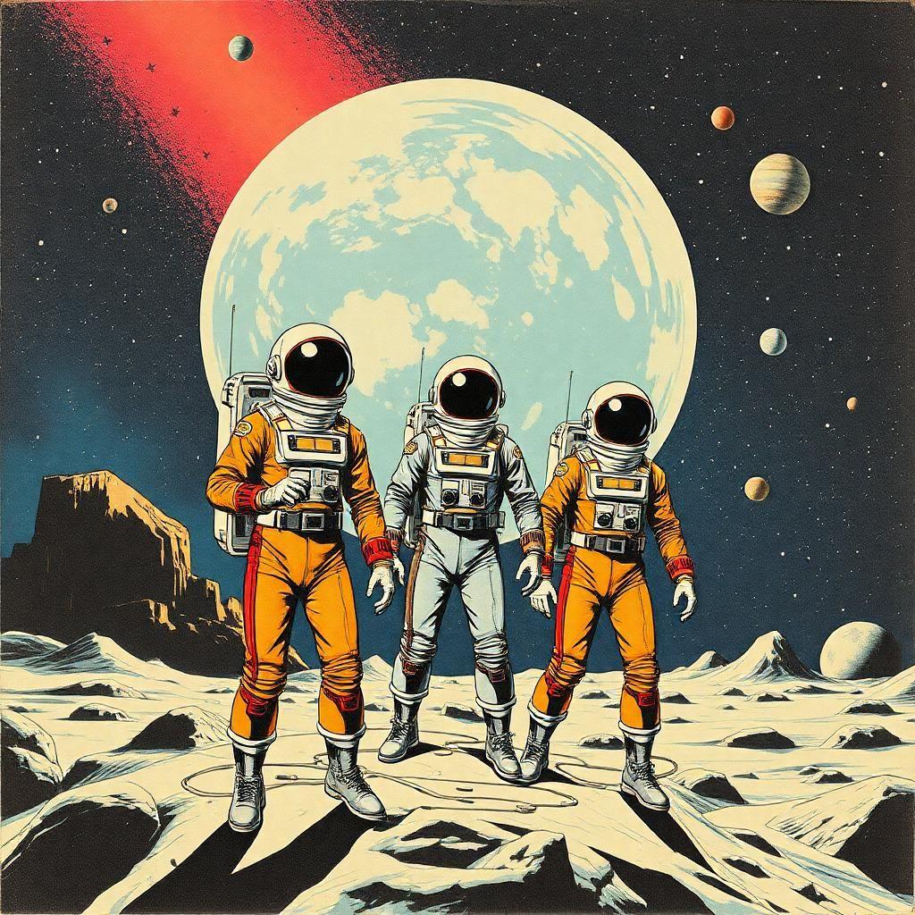 Craft a retro-futuristic collage where the vintage aesthetic meets the limitless cosmos. Picture human figures drawn in pop art style, clad in retro space suits, their actions frozen like pages in a comic book coming to life, evoking a sense of nostalgia for a future that might have been.