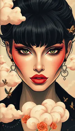 a striking, fashion‑centric portrait rendered in a chic and edgy aesthetic: the subject is a strong, dynamic woman with expressive, high‑fashion elegance. her face is captured in dramatic close‑up, featuring intense, detailed eyes that seem to glow, surrounded by bold, stylized hair that frames the frame like a couture statement. the composition balances sharp, sleek lines and vibrant color gradients, with a subtle interplay of shadow and light that heightens the dramatic eye details, all while maintaining an air of sophisticated glamour. overlaying this bold fashion mood, the artwork incorporates a surreal, ethereal atmosphere reminiscent of classic children's literature and folklore. pastel, dreamlike textures merge with nostalgic vintage motifs—soft, translucent clouds, delicate lace‑like patterns, and whimsical, floating objects—creating a complex, multi‑layered scene. acrylic‑style brushstrokes and mixed‑media textures give the canvas a tangible, almost tactile feel, while subtle hints of surrealism—floating geometric shapes, improbable juxtapositions of natural and fantastical elements—add depth and intrigue. the final image feels like an avant‑garde fashion illustration that also reads as a poetic, nostalgic dreamscape, blending high‑fashion elegance with a surreal, nostalgic artistic vision.
