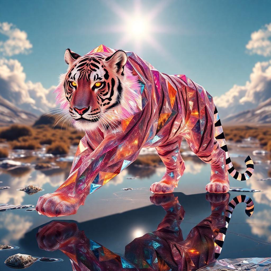 Journey to the prismatic lands where a legendary crystal tiger strides through reflective terrain. Its skin, a living cascade of glittering facets, encapsulates entire worlds within each crystalline frame. The tiger's eyes, fierce and knowing, burn like twin suns. With every step, it reshapes reality around it, bending the light of existence to its own majestic design.