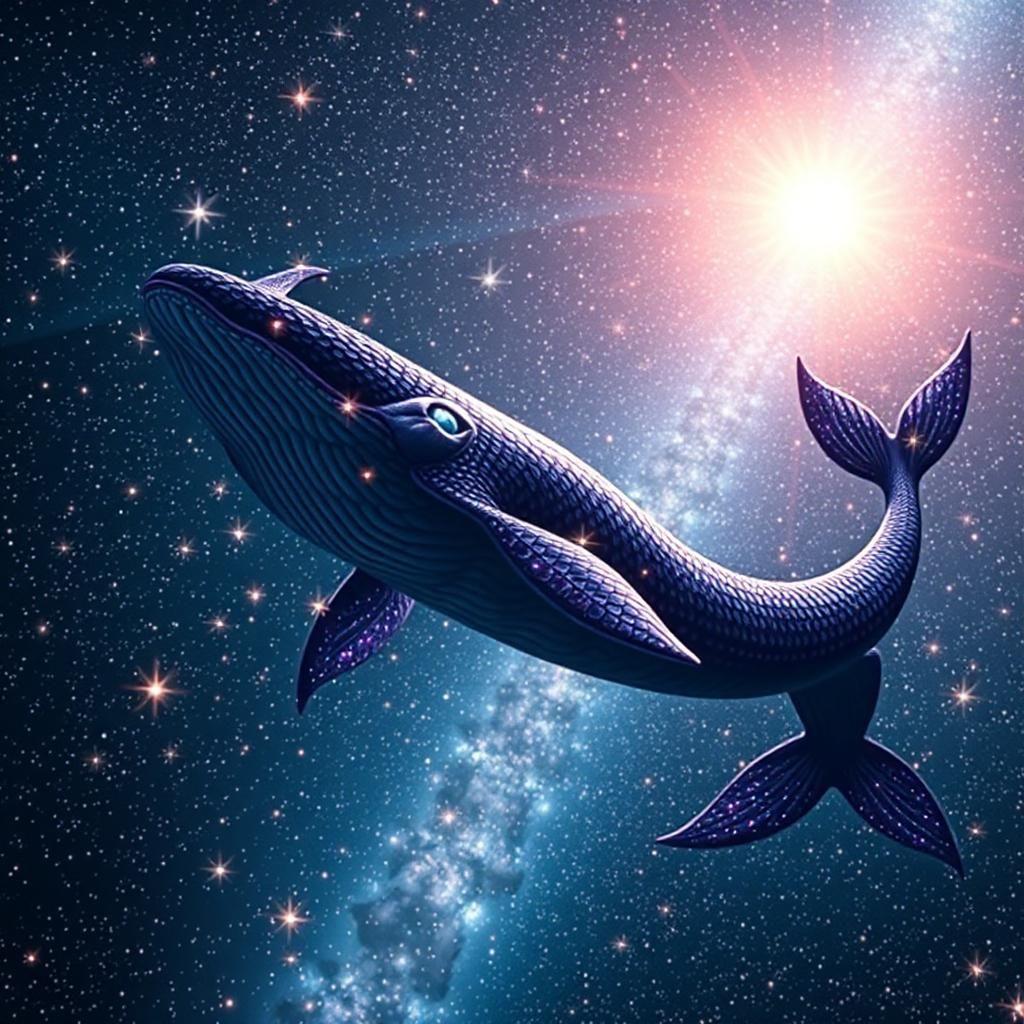 Amid a scintillating meteor shower, an ethereal leviathan emerges from a shimmering sea of stars. With scales as dark as the void and fins that flicker with rainbow luminescence, it glides through space with graceful majesty. Stars bow to its passage, illuminating the universe in fleeting moments of brilliance. As the leviathan sings, its haunting melody transcends the bounds of reality itself.