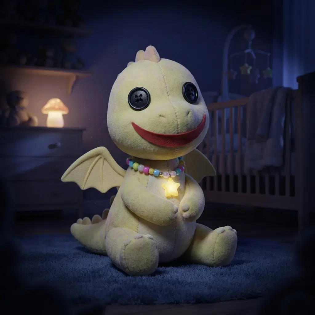plush toy dragon mascot with a big fixed cheerful smile, pastel yellow fur and tiny wings, bead necklace with a star charm, cute mascot style with an eerie feel, dark nursery with a crib and night light
