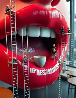 vibrant hyperrealistic digital 3d rendering of a surreal macro‑scale construction site set on a gigantic pair of human lips, the lips rendered with glossy, high‑gloss texture, hyper‑saturated vivid magenta hue and warm skin tones, subsurface scattering and intense specular micro‑highlights that catch softbox‑style studio lighting from an overhead key light and rim lighting that outlines the lip contours. miniature construction workers in matte safety uniforms and tiny hard hats cling to metallic scaffolding towers and ladders that rise up the curvature of the lips, each worker posed in active labor gestures—holding miniature toolboxes, operating oversized makeup brushes, and maintaining the scaffolding with collaborative application gestures. the oversized makeup brushes are rendered with bristle‑rich texture, their handles metallic and reflective, illuminated by controlled diffuse ambient fill that creates soft, even illumination across the scene. the composition is an extreme close‑up macro framing from a slightly elevated eye‑level perspective looking down into the mouth, central focus on the lip surface with workers distributed across foreground and midground scaffolding, shallow depth of field (f/2.8‑equivalent) keeping the central lips sharply in focus while the background blurs softly. the lighting is warm neutral (≈5600 k), producing balanced skin tones, high‑contrast highlights on metal, and ambient occlusion shadows that add depth. rendered with octane and unreal engine 5.4 using 32k pbr textures, ray‑traced global illumination, volumetric highlighting, deep parallax depth, and crystal‑clear micro‑details, the image achieves ultra‑sharp 150k resolution, high‑dynamic‑range lighting and intense rim lighting that emphasizes the whimsical, industrious mood of this surrealist allegory. additionally, a stylish humanoid robot sits relaxed in a quiet coffee shop corner, its sleek spriggan‑inspired mechanical design rendered in glossy blue candy‑finished armor, chibi‑style mature anime illustration with soft cel shading and detailed 2d linework, sipping motor oil from a tiny espresso cup with a loose, unbothered “eh, whatever” expression, the cinematic cafe setting providing a calm backdrop that contrasts with the bustling lip construction site.