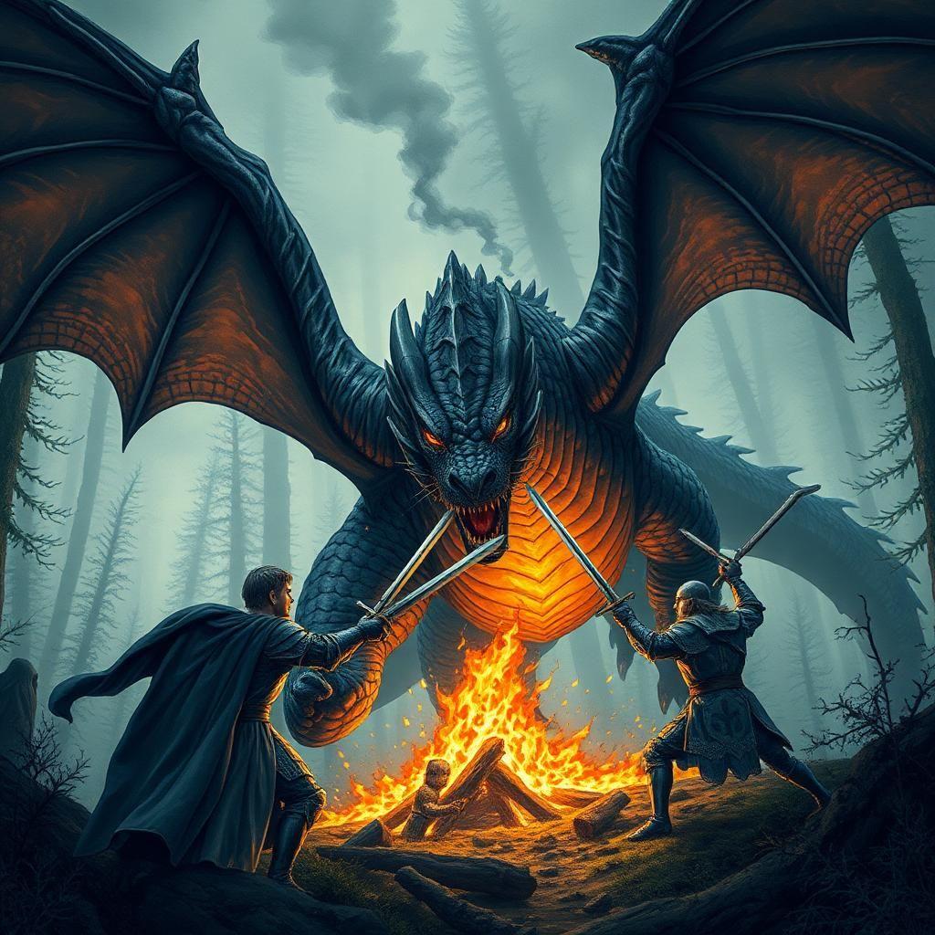 A hyper-detailed medieval tapestry-style illustration depicting knights battling a fire-breathing dragon in a dense, foggy forest. The dragon has massive, bat-like wings, obsidian-black scales with molten cracks glowing beneath, and a pair of piercing golden eyes. Smoke and embers rise from its nostrils as it roars. The knights’ armor gleams in the flickering firelight, their swords raised as they brace for the beast’s attack. The composition is dynamic, showing the immense size and ferocity of the dragon while capturing the desperate bravery of the warriors.