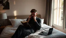 lever de soleil, carnet et stylo, telephone pose loin du lit, homme qui s entraine tot]