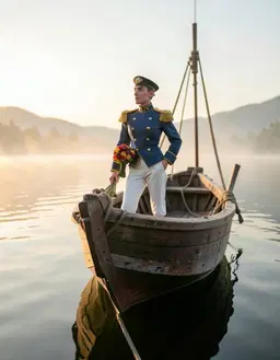 Captain Rose stands aboard a small wooden barque, her posture confident as she surveys the calm water. The early morning mist drifts around the vessel, catching the soft golden light of sunrise that glints on the rippling surface. She grips the side of the boat with one hand, the other hand lightly resting on the bow, her expression thoughtful yet resolute. The scene captures the quiet atmosphere of a tranquil lake, with distant hills faintly outlined against the pale sky, emphasizing the solitary presence of Captain Rose on the water.