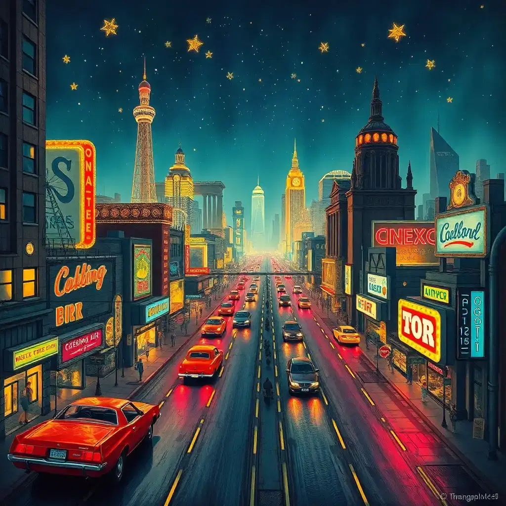 imagine a bustling retro-futuristic cityscape, depicted in the style of a meticulously detailed medieval manuscript illustration, where neon lights mimic stars and retro automobiles hover gracefully above paved roads. the scene pulsates with energy, painted in vibrant hues that blend pop art and futurism, inviting one to explore a world where history and future intertwine.
