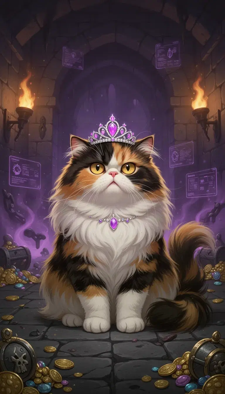 Princess Donut from Dungeon Crawler Carl, shown alone as the main subject. She is a fluffy tortoiseshell Persian show cat with a flat Persian face, long luxurious fur, bright expressive eyes, and a tiny jeweled tiara. She should look deeply regal, dramatic, judgmental, and slightly offended, like she knows she is the most important being in the room. Pose her sitting upright with elegant posture, giving strong spoiled-royalty energy. Set her in a Dungeon Crawler Carl-style environment with subtle fantasy dungeon details like warm torchlight, faint purple System glow, scattered treasure, and a slightly chaotic dark-comedy atmosphere. Make her feel glamorous, memorable, and larger-than-life, like a royal cat trapped in an absurdly dangerous dungeon. Detailed digital illustration, expressive character acting, no text, vertical 9:16.