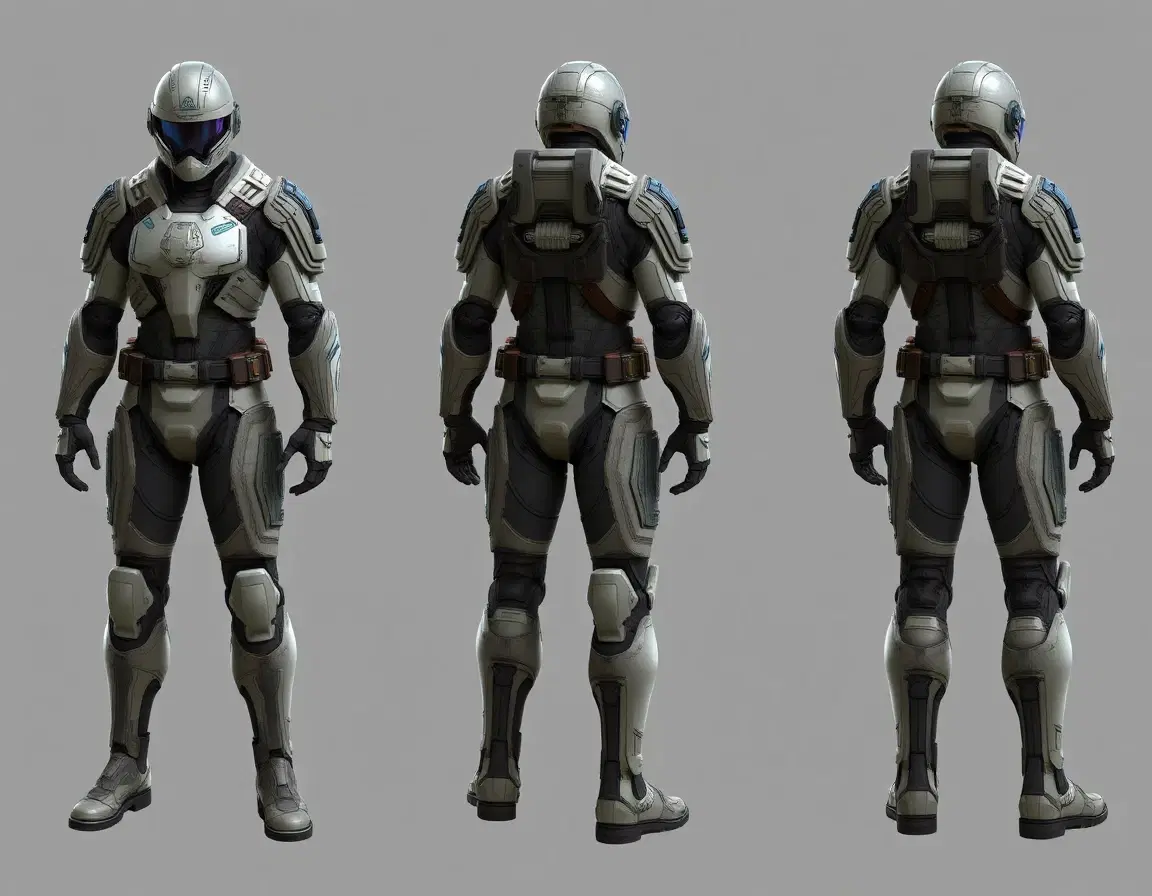 Futuristic sci-fi soldier with full armor. Photo realistic style. Model sheet with front, back and side view of the model. Fantasy sci-fi