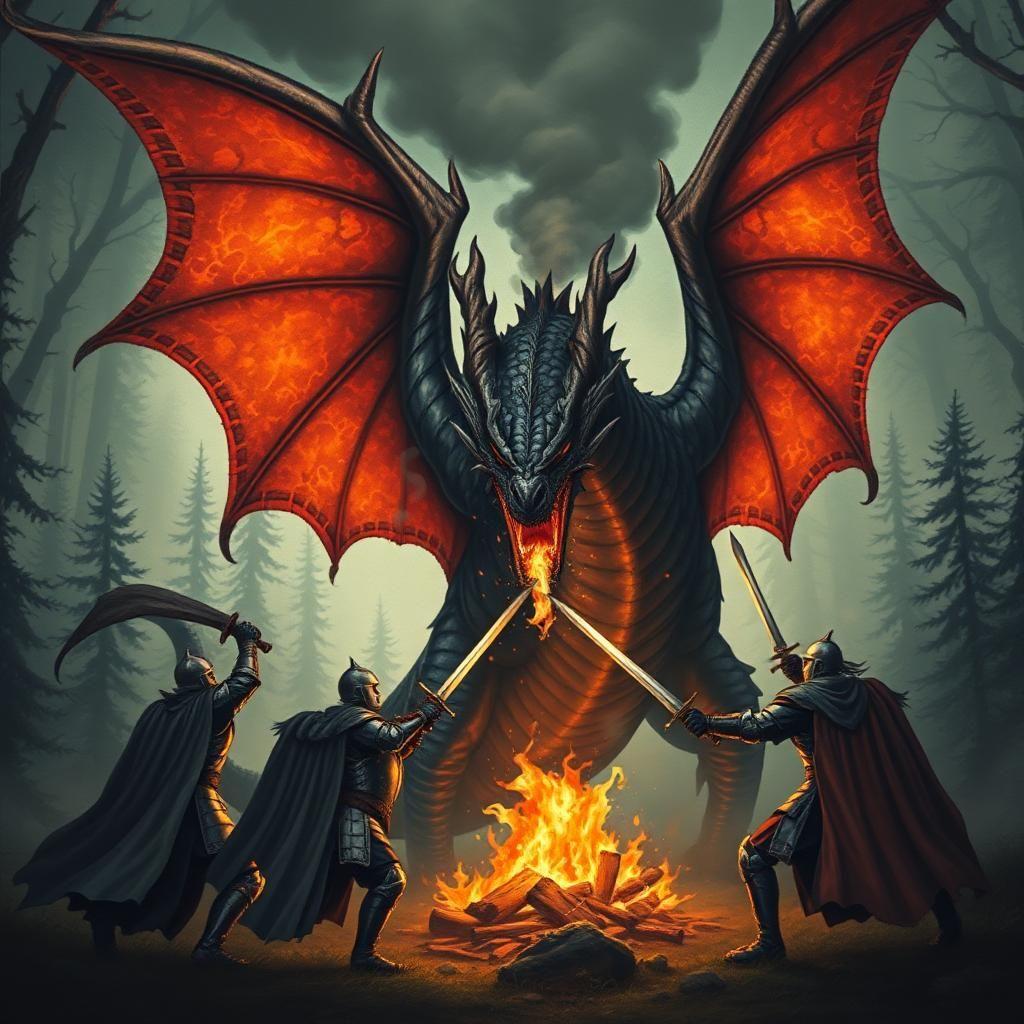 A hyper-detailed medieval tapestry-style illustration depicting knights battling a fire-breathing dragon in a dense, foggy forest. The dragon has massive, bat-like wings, obsidian-black scales with molten cracks glowing beneath, and a pair of piercing golden eyes. Smoke and embers rise from its nostrils as it roars. The knights’ armor gleams in the flickering firelight, their swords raised as they brace for the beast’s attack. The composition is dynamic, showing the immense size and ferocity of the dragon while capturing the desperate bravery of the warriors.