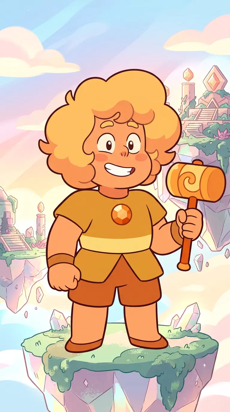 Original gem character in the Steven Universe art style: a small cheerful orange gemsona with a round gem on his chest, puffy hair and a hammer weapon, soft flat colours, simple rounded shapes, floating island temple with a pastel sky. Portrait framing from the waist up, face in the upper third of the frame, one character only. No text, no logo, no watermark.