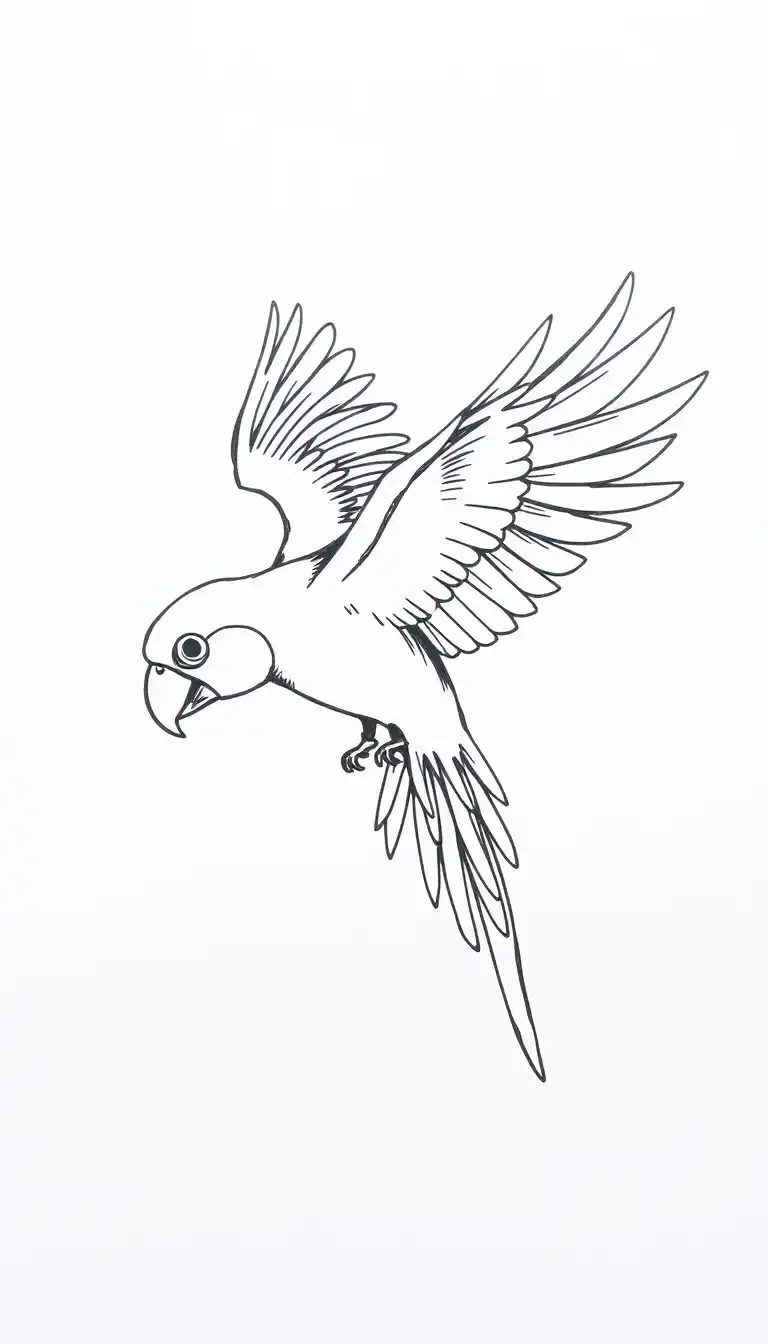A black and white hand-drawn sketch of a parrot in flight, with a long, curved beak and vibrant, feathery wings spread wide. The bird's tail feathers fan out beautifully, and it's caught mid-flight with a sense of movement. The background is plain white, making the bird's intricate details pop.