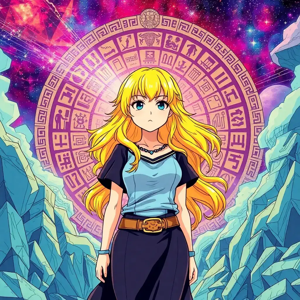 Design a spellbinding universe where vibrant colors and powerful narratives converge in a vintage comic book style. Let the protagonist be an anime-inspired figure with blonde tresses and infinite curiosity, stepping into an intricate hieroglyphic mosaic that sparkles with cosmic secrets.