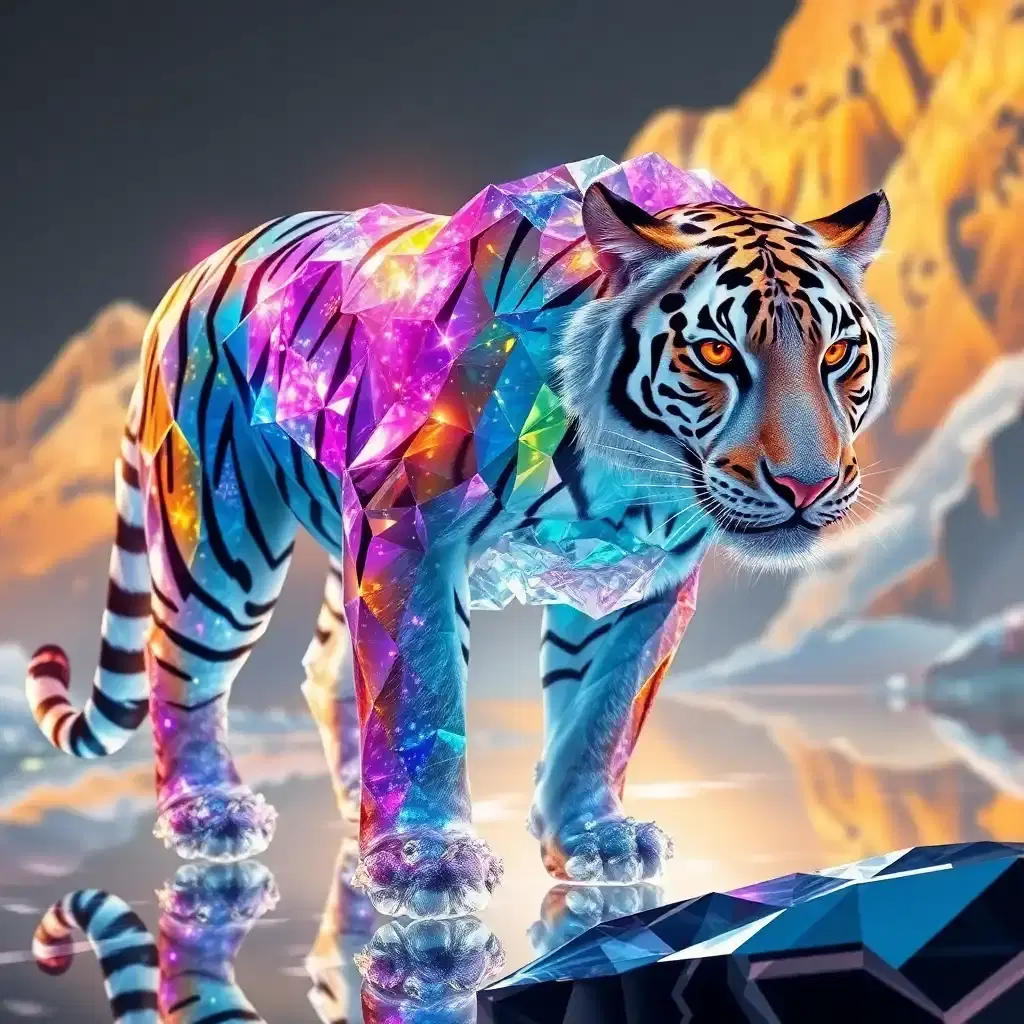 Journey to the prismatic lands where a legendary crystal tiger strides through reflective terrain. Its skin, a living cascade of glittering facets, encapsulates entire worlds within each crystalline frame. The tiger's eyes, fierce and knowing, burn like twin suns. With every step, it reshapes reality around it, bending the light of existence to its own majestic design.