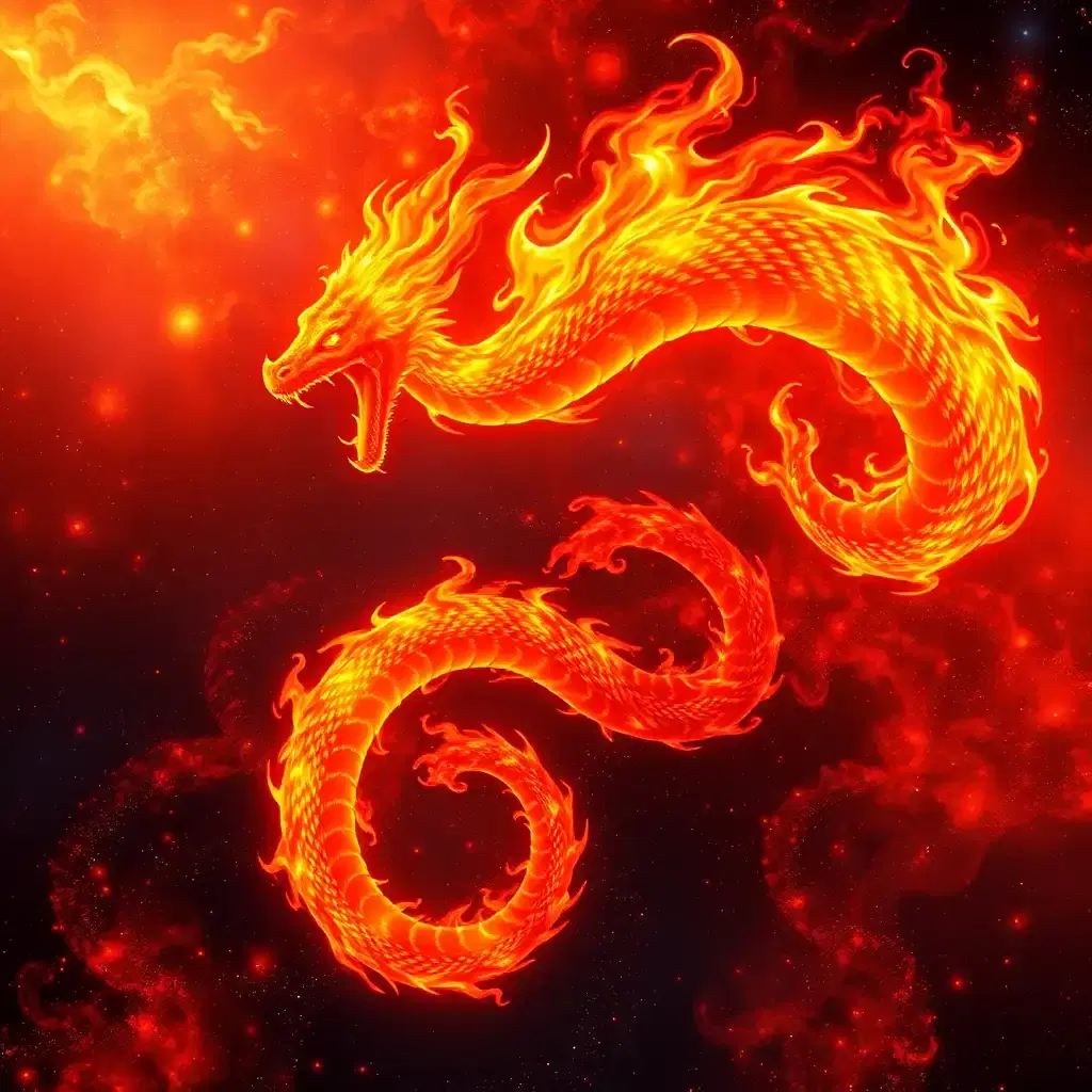 a fiery nebula. a solar serpent, with intensely fiery scales, molten gold, crimson, and orange. it coils, a blazing inferno. cosmic iridescence, fiery reflections, a burning kaleidoscope. space, fiery dust, swirling embers. the serpent dances with fiery elegance and power. heat, intense light. a sacred fire, star-forged. in an anime art style: vibrant, detailed, and dynamic. evoking awe, fiery passion, and cosmic majesty. burning, explosive colors. a hellish beauty. fiery, fiery, fiery.
