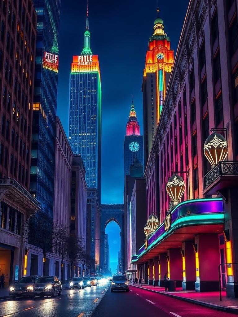 You didn't provide the original prompt. However, I can modify the given prompt to fit the 'Colors' aesthetic you described earlier, while keeping the subject of the image the same - Art Deco architecture.

A city street at night, lined with grand buildings that showcase the elegance of Art Deco architecture, featuring a jewel-toned color palette with rich, deep hues of sapphire blue, emerald green, ruby red, and amethyst purple. The skyscrapers and towers have bold geometric patterns, sleek lines, and luxurious materials, with metallic gold and silver accents that shine under the evening lights, complementing the jewel-toned colors. Symmetrical facades and clean lines dominate the scene, while intricate details like zigzags and stylized floral patterns add a touch of sophistication. The Art Deco buildings seem to glow with a sense of glamour and opulence, as if they're radiating a sense of excitement and modernity, with the jewel-toned colors creating a dramatic contrast against the darker night sky.