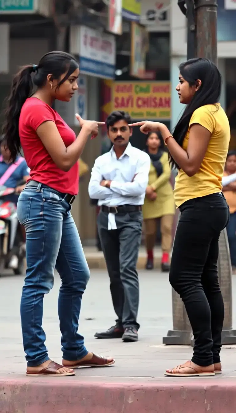 Two Indian girls on a street corner arguing. Girl1 in red top and blue jeans, Girl2 in yellow top and black jeans. Both pointing at each other angrily. Boy in white shirt and black pants looks confused between them. Background: Indian street with shops and pedestrians.