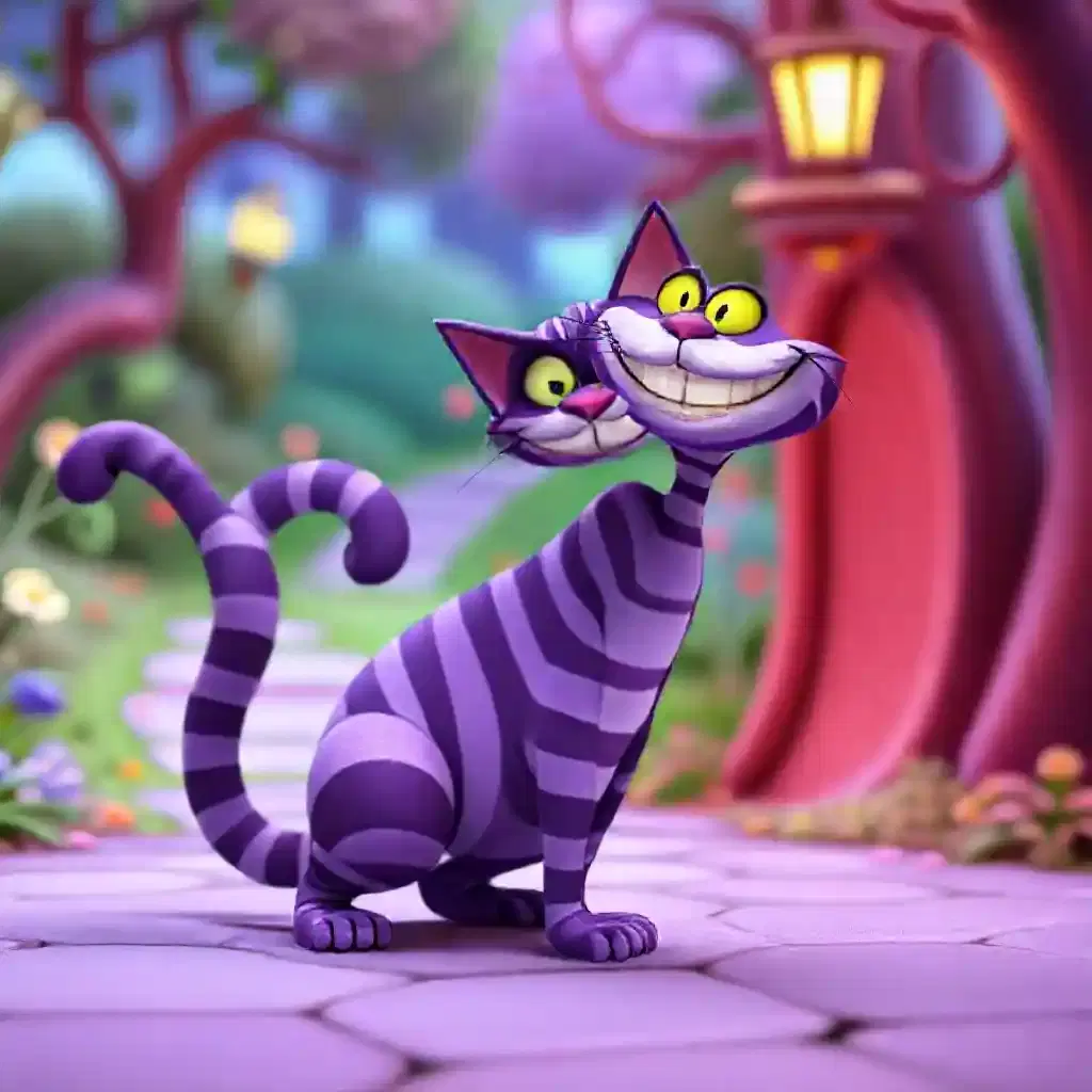 The scene unfolds in a whimsical digital wonderland. The Cheshire Cat has morphed into a character reminiscent of a classic Wii game - his body now a sleek, striped purple, his tail and head taking on a more geometric look. His grin is mischievously cartoonish, fitting perfectly with the playful and simplified design of the Wii avatar.