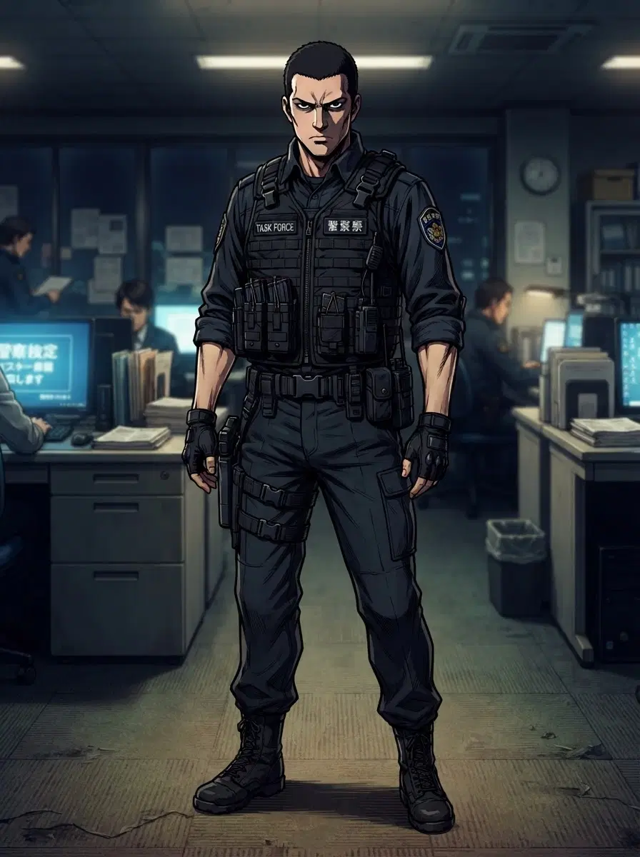 A Task Force member with a tactical vest, wearing a serious expression with an undefined face, in the style of Death Note, faithful to its official art style, vivid saturated colors, full-body character portrait, centered, relaxed lively stance