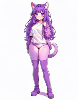 Redraw the VTuber portrait as a full‑body, head‑to‑feet illustration, showing the female character in the same violet hair, purple outfit and vivid colours, standing in a relaxed, neutral pose while preserving all recognizable facial features and styling.