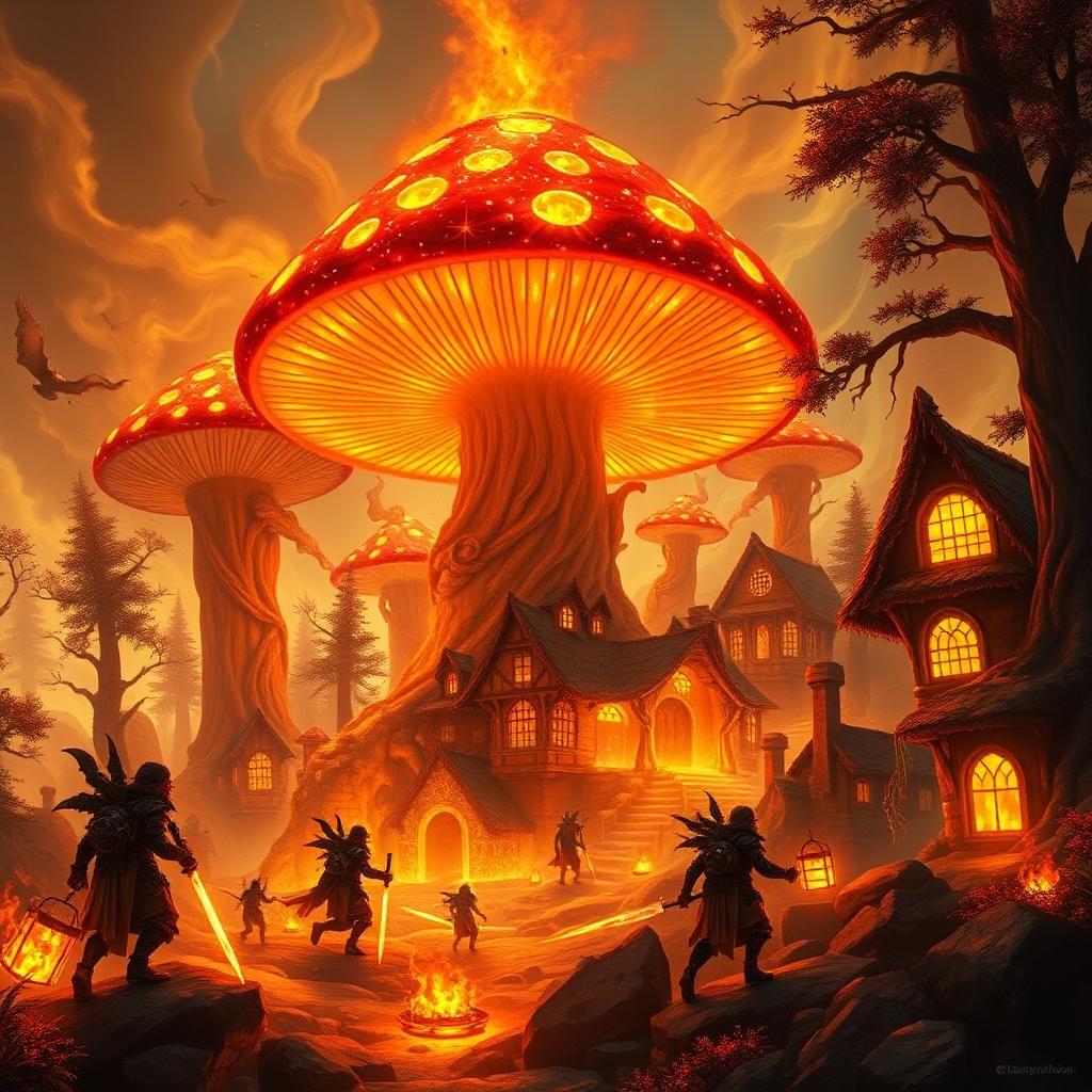 "ablaze with radiant circuitry, the village of emberhaven rises from the heart of a scorching, neon-lit forest, where massive, glowing mushrooms blaze like towering servers, their caps pulsing with fierce, molten hues of crimson, copper, and gold, casting a fiery aura across the sky. interspersed among the mushrooms, tiny, pyre-insulated homes are carved into the stems, their windows radiating intense, pulsing holographic displays. villagers, fierce cybernetic warrior-elves with flame-scorched armor and blazing, fiber-optic cloaks, rush about, brandishing flameswords and shields emblazoned with blazing, circuitry runes. they collect glowing, obsidian data-baskets, as a massive, fire-breathing toadstool erupts in the center of the village, casting a swirling vortex of molten code and churning air. the air roars with the sonic boom of wind instruments, played by the warriors in triumph, as glowing, digital spirits dance above the village in blazing, pyrotechnic displays, forming a blazing constellation of code that illuminates the eternal night of the cybernetic forest."