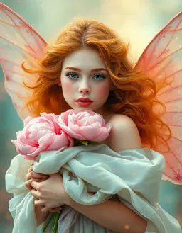 A young realistic wholesome beautiful angelic natural woman, pouty mouth, ruddy cheeks, in a vibrant, cosmic aura, her thick wild orange hair and luminous complexion, she is holding large bouquet of pink peonies , flower fairy set amidst a rich, layered textures, tones of teal and aqua golden hues blend in a dreamlike dance, with delicate, shimmering threads infused with glowing fairy dust, and an unfolding, iridescent silk gown that unfurls across her body in a fluid, organic silhouette