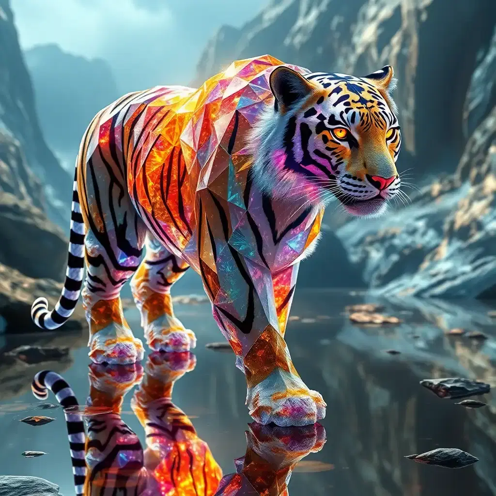Journey to the prismatic lands where a legendary crystal tiger strides through reflective terrain. Its skin, a living cascade of glittering facets, encapsulates entire worlds within each crystalline frame. The tiger's eyes, fierce and knowing, burn like twin suns. With every step, it reshapes reality around it, bending the light of existence to its own majestic design.