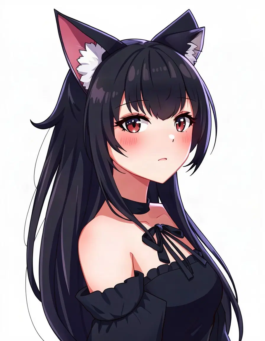 image 1 is catgirl. catgirl: vtuber character portrait of feminine, a girl, a nekomimi catgirl with cat ears and a long tail, long black bangs, cat ears, gothic and dramatic, black hair, clean anime vtuber model art, cel-shaded 2d illustration, crisp lineart, vivid colours, soft rim lighting, head and shoulders, facing forward, plain flat white background. render catgirl in a clean composition, head‑and‑shoulders framing, soft rim lighting that highlights her black hair and cat ears, crisp lineart on a plain white background, vivid gothic color accents, cel‑shaded style, maintaining all described features exactly.