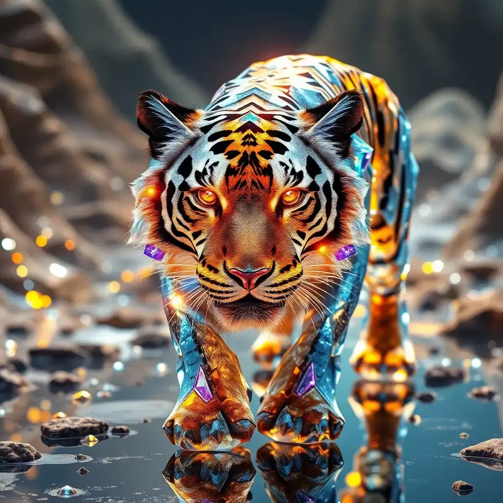 Journey to the prismatic lands where a legendary crystal tiger strides through reflective terrain. Its skin, a living cascade of glittering facets, encapsulates entire worlds within each crystalline frame. The tiger's eyes, fierce and knowing, burn like twin suns. With every step, it reshapes reality around it, bending the light of existence to its own majestic design.