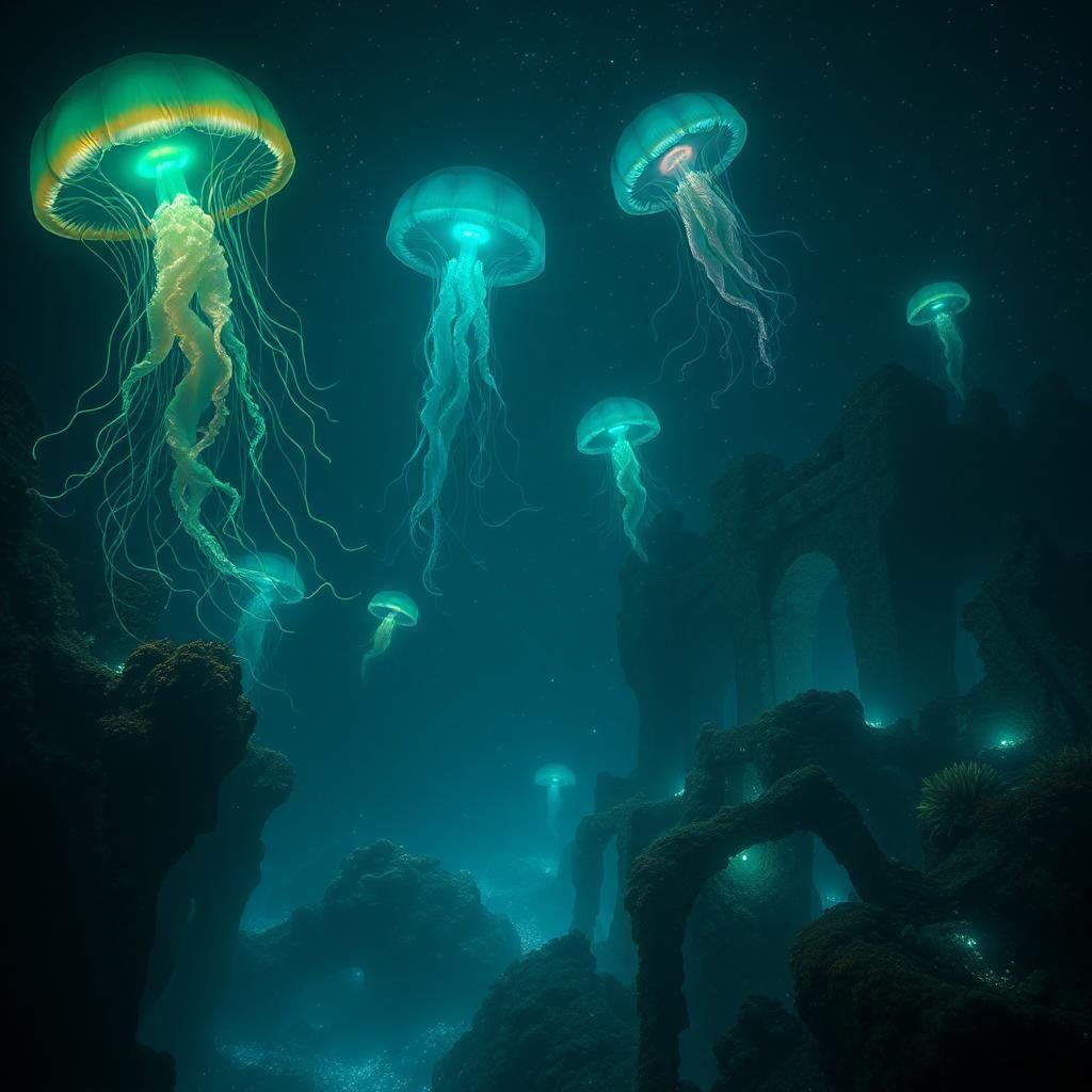 A mystical deep-sea realm untouched by humanity, where colossal bioluminescent creatures drift through the eternal darkness. Massive jellyfish pulse with neon colors, their tendrils stretching for miles. Ancient, submerged ruins hint at a lost civilization, their structures encrusted with coral and glowing moss. Strange, anglerfish-like predators cast eerie blue-green lights as they stalk their prey. The water is thick with tiny, glowing particles, creating an atmosphere of otherworldly wonder. The deeper one goes, the more surreal the world becomes, with creatures and landscapes that defy the imagination.