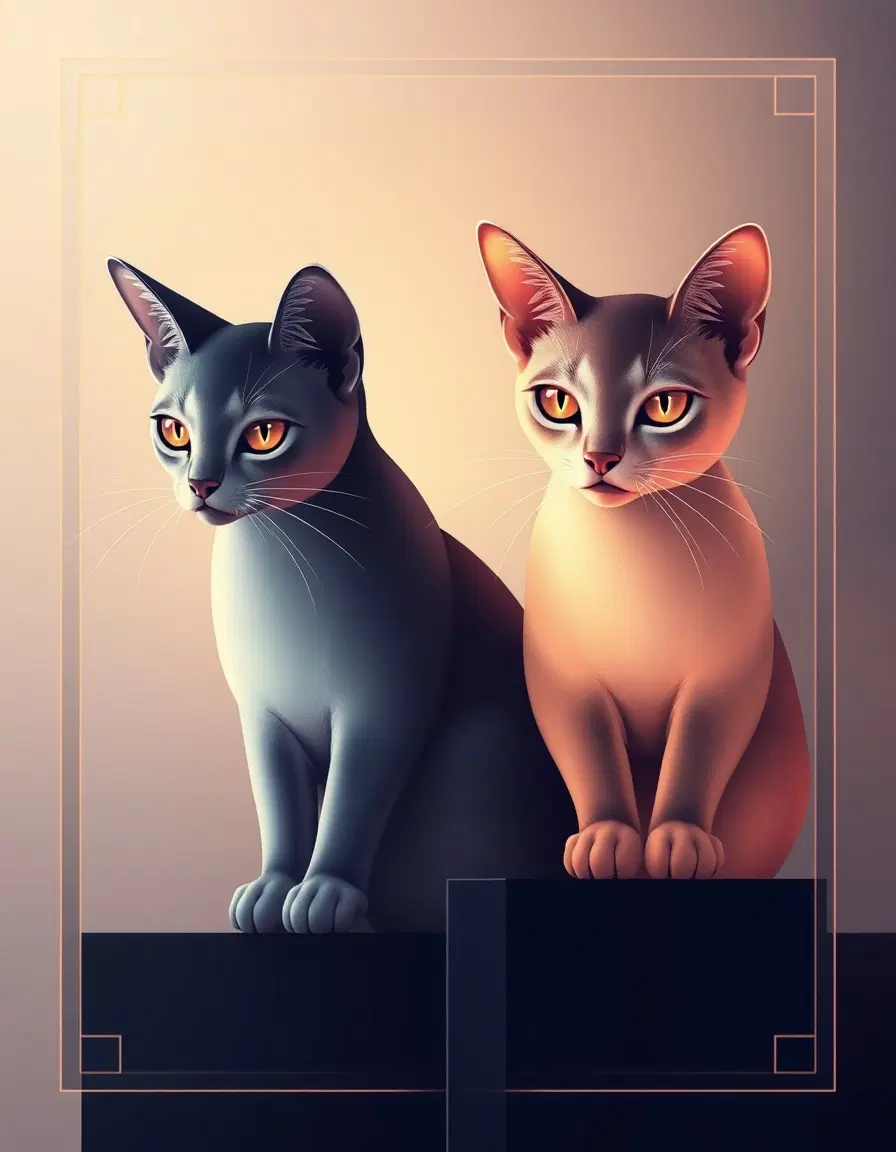 two geometricats, soft lighting backdrop, soft lighting, as an art deco poster with streamlined forms and metallic accents