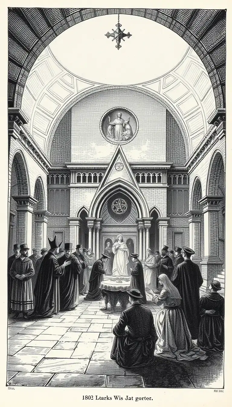 Highly detailed black-and-white engraving of a secret society performing a ritual beneath a cathedral in 1880, vintage etching style, crosshatch ink texture, aged book illustration, 9:16 layout.
